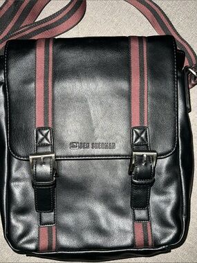 Ben Sherman Black Messenger Bag with Red-Striped Strap and Blue interior